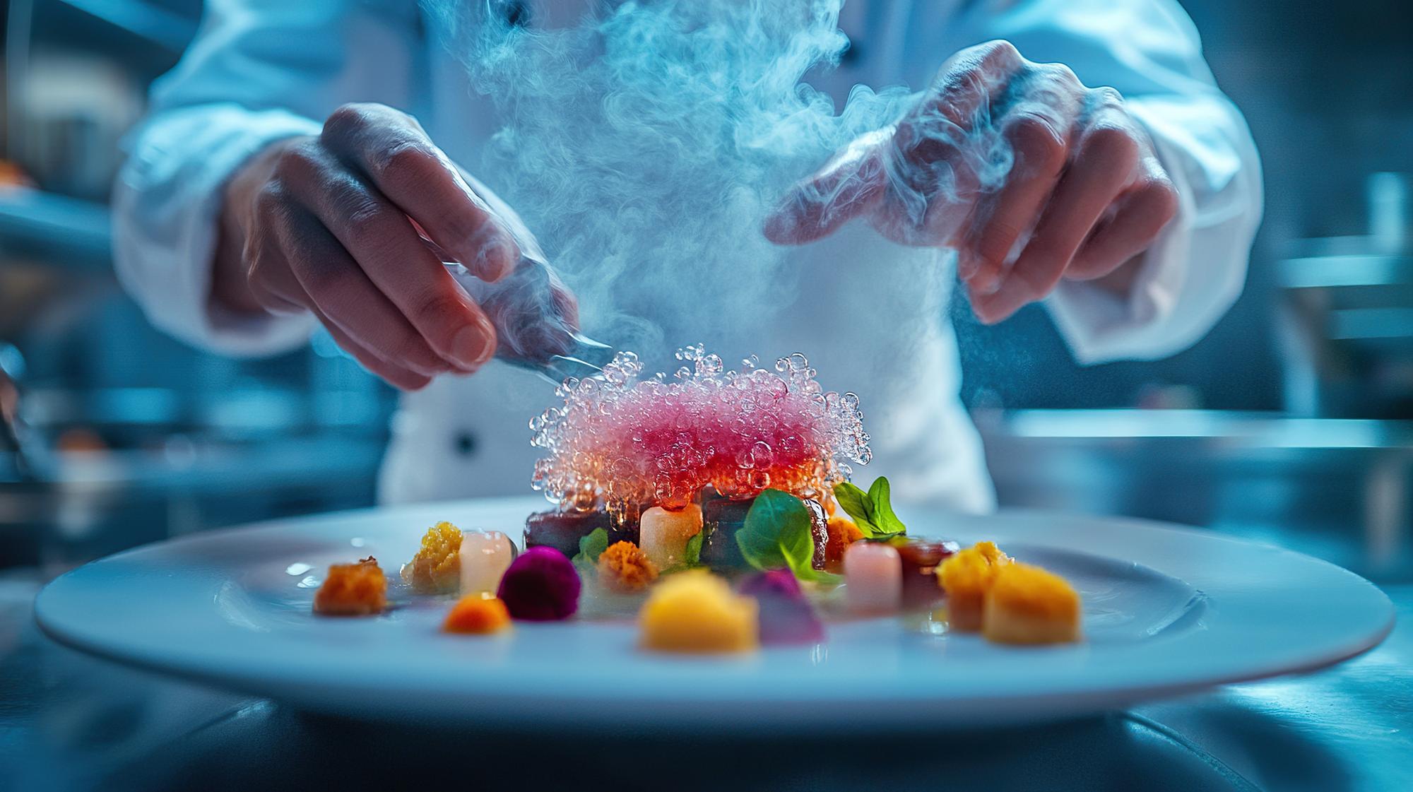 Chef demonstrating a modern plating technique in a futuristic kitchen